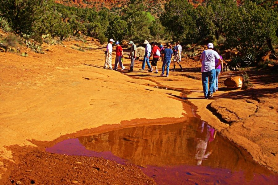 Group walks along trail in beautiful red rock scenery
