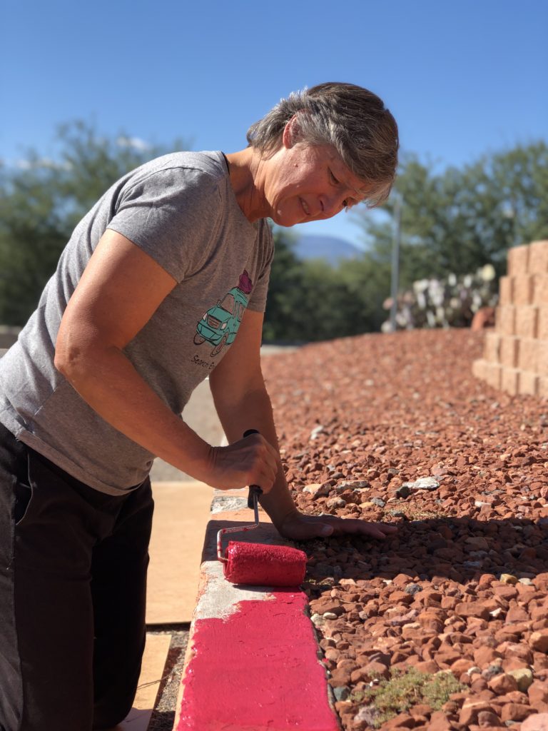 Volunteers from Prescott United Methodist Church helped to repaint the red curbs throught the Ranch. Church groups, young and old, come to Rainbow Acres for service missions from all over the United States throughout the year.