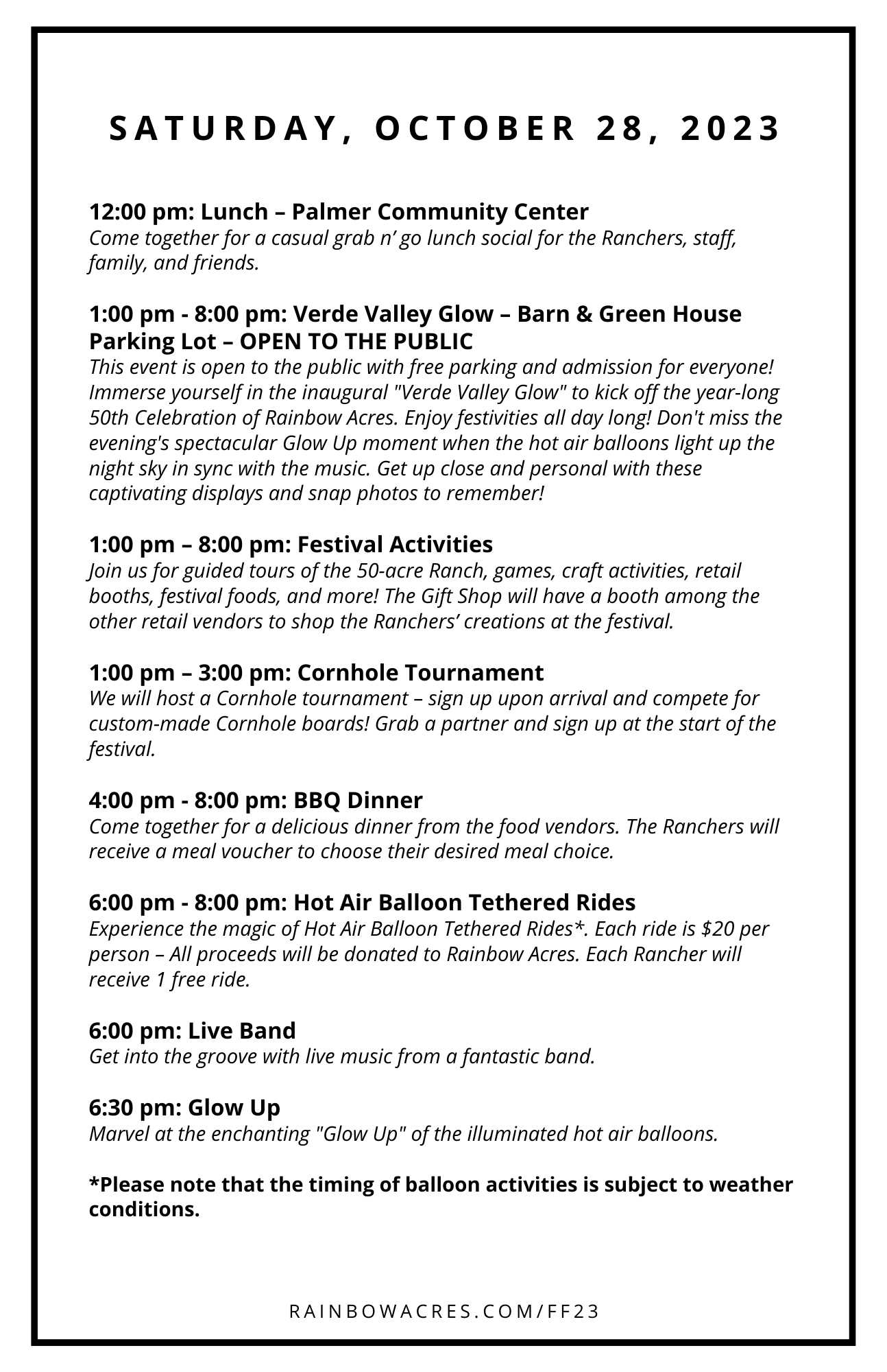 Agenda for family and friends weekend Saturday October 28, 2023