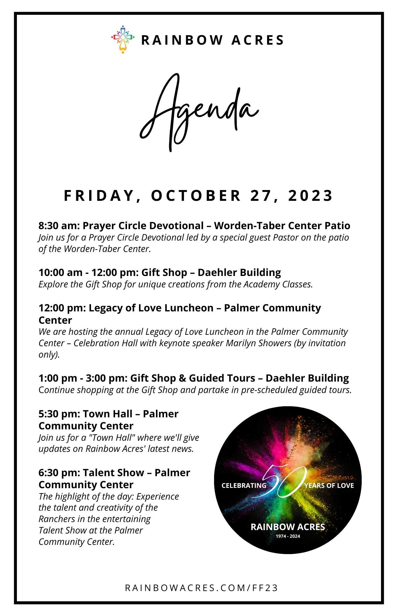 Agenda for family and friends weekend Friday October 27, 2023